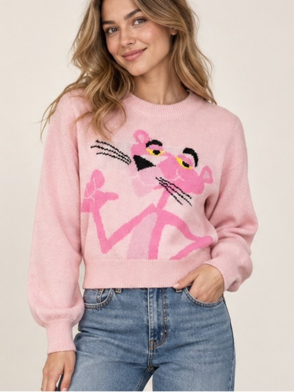 Pink Panther Cropped Knit Sweater Pink Size Small